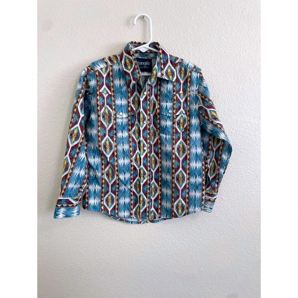 Wrangler Boy‎ Small Pearl Snap Western Southwestern Aztec Print LS Button Up